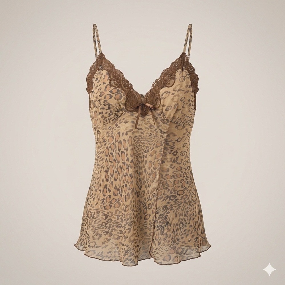 Delicates Vintage Leopard Print Sheer Lace Trim Camisole Babydoll Top Brown L